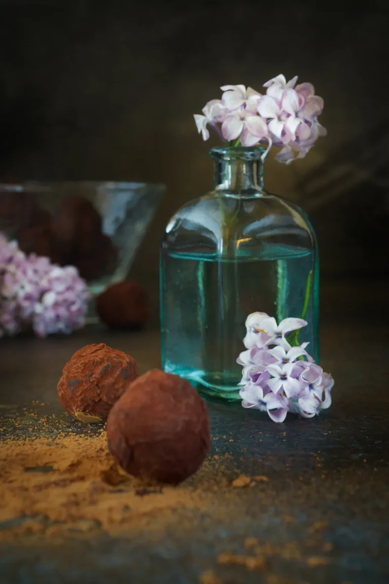 beautiful_lilac_bouquet_blue_glass_bottle_delicious_chocolates_1